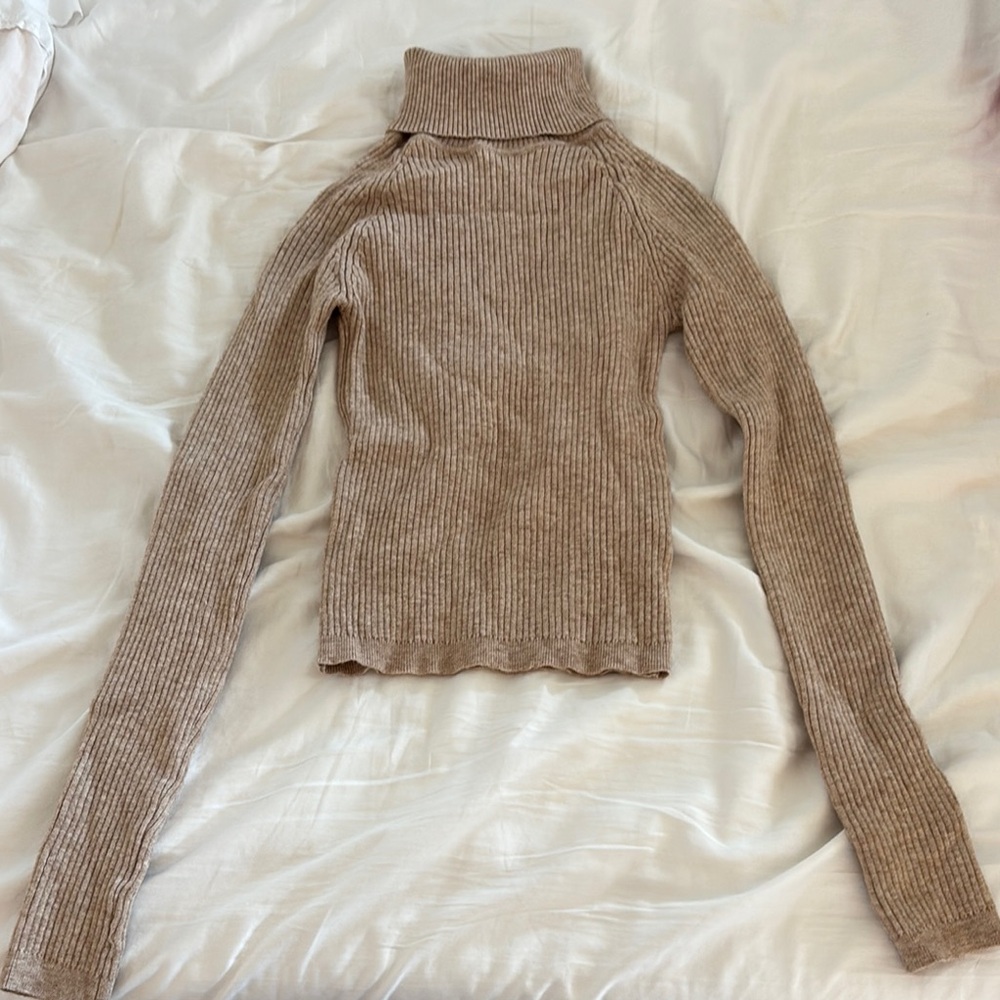 Women's Tan Ribbed Turtleneck Sweater